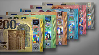 Image of entire 2nd series of Euro banknotes with KINEGRAM® security features