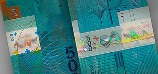 The Orell Füssli Anniversary Note with an intricate KINEGRAM ZERO.ZERO® Stripe over Window Close-up on details of a KINEGRAM ZERO.ZERO® Stripe over Window on Orell Füssli sample note