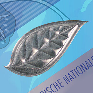 Close-up of a fully metallized KINEGRAM® Patch showing a 3D effect and a leaf shape