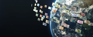 Image of Planet Earth seen from space with multiple banknotes forming a planetary ring around it