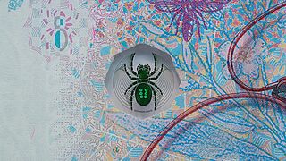 Close-up of KINEGRAM® APL sample with a finely detailed spider design