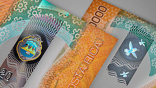 Polymer banknotes of Costa Rica with KINEGRAM ZERO.ZERO® Stripe over Window by KURZ Close-up of Costa Rican 20.000 Colónes polymer banknote with KINEGRAM ZERO.ZERO® security feature