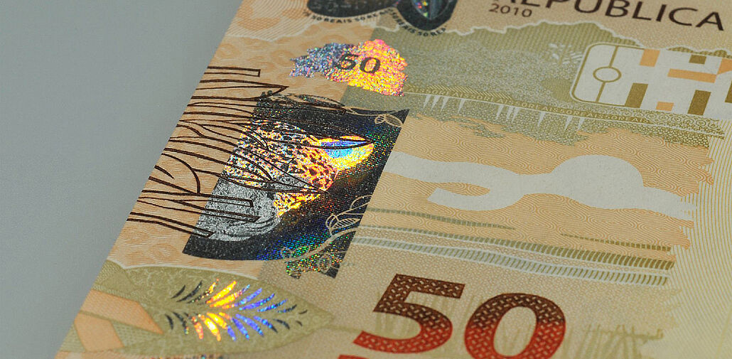 Brazil's 50 Real banknote is protected by a beautiful, partially metallized, KINEGRAM® Registered Stripe