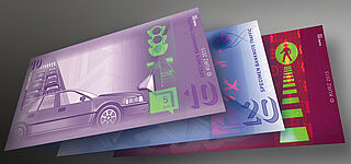 Three sample banknotes demonstrating KINEGRAM VOLUME® technology in different designs