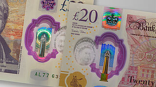 Image of the English 20 Pound banknote with a KINEGRAM COLORS® Stripe over Window
