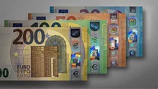 Display of EURO series banknotes with KINEGRAM REVIEW® Stripe over Window features from KURZ